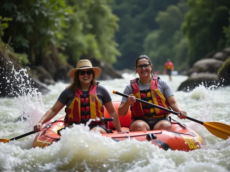 A 27 years old ,matured, American white woman with A plus size body size,fitted body, ivory white round-shaped face.

 She and her husband. They sit at the front of a raft, paddling through wild rapids, laughing as water splashes on them.

✅ Outfits: Casua...