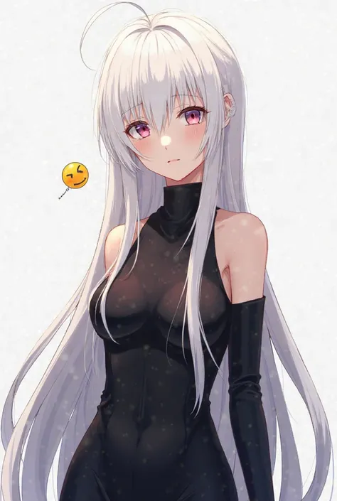 Female anime , long white hair with two tails, black clothes with an emoji only