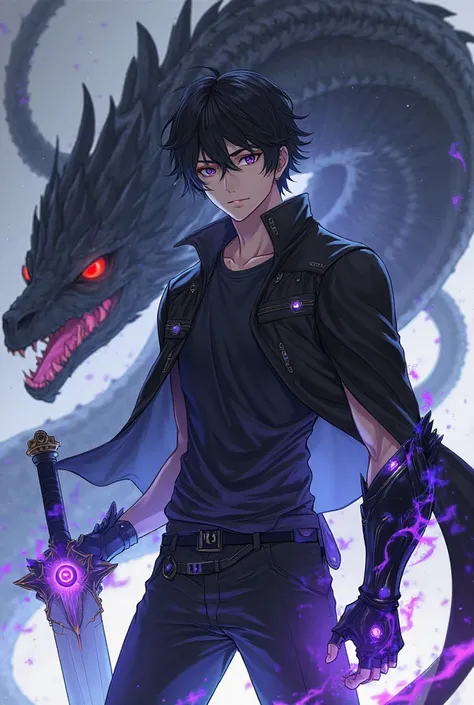 Seventeen-year-old anime boy with black hair with black eyes marked and muscular physique wearing a scared black t-shirt a black jacket black pants a dark black gauntlet with a bright purple gem in the center of his right hand blue fire on his left hand wi...