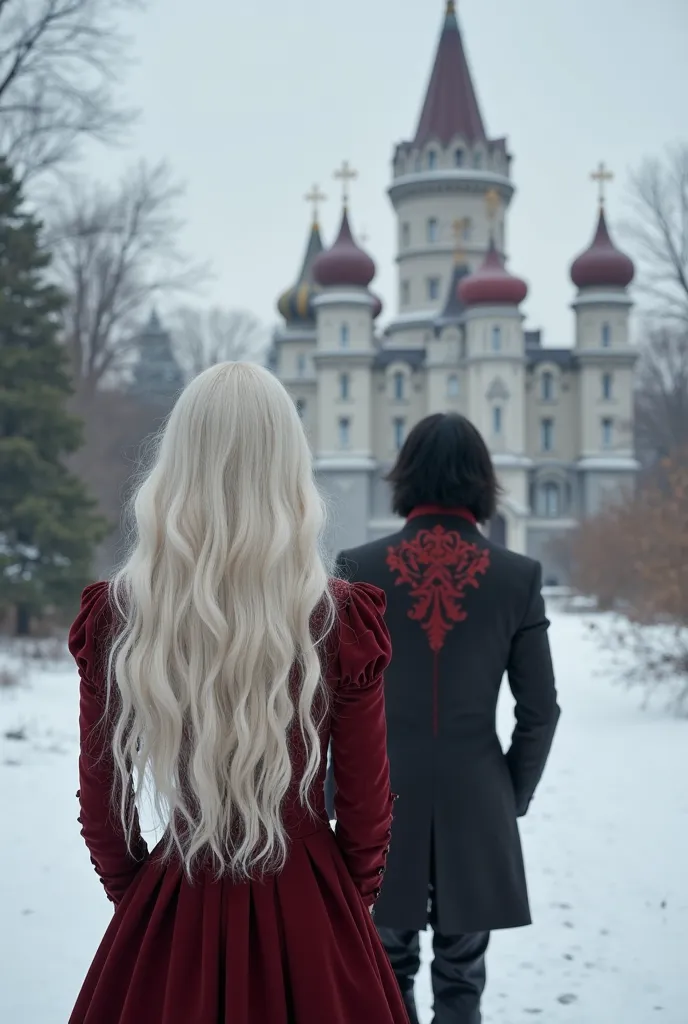  A woman with her back ( she has white hair and her hair is wavy and straight that reaches up to her hips ) She is standing in front of the Winter Castle in Russia, she wears a dark red dress, a dress fit for a queen, and in front of her a tall man ( Who i...