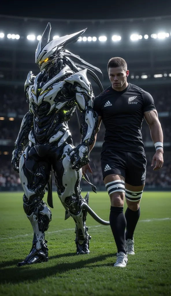 A cybernetic warrior-themed Team Titan with a sleek, metallic, black-and-silver body, glowing orange eye, and the official One New Zealand All Blacks jersey walks in perfect sync with a focused All Blacks rugby player in full uniform, including cleats. The...