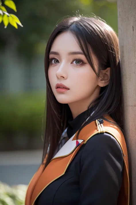  white girl with long black hair is wearing a military uniform,  Orange Cape , Big hazel eyes,  Science Fiction , Dark mood, 