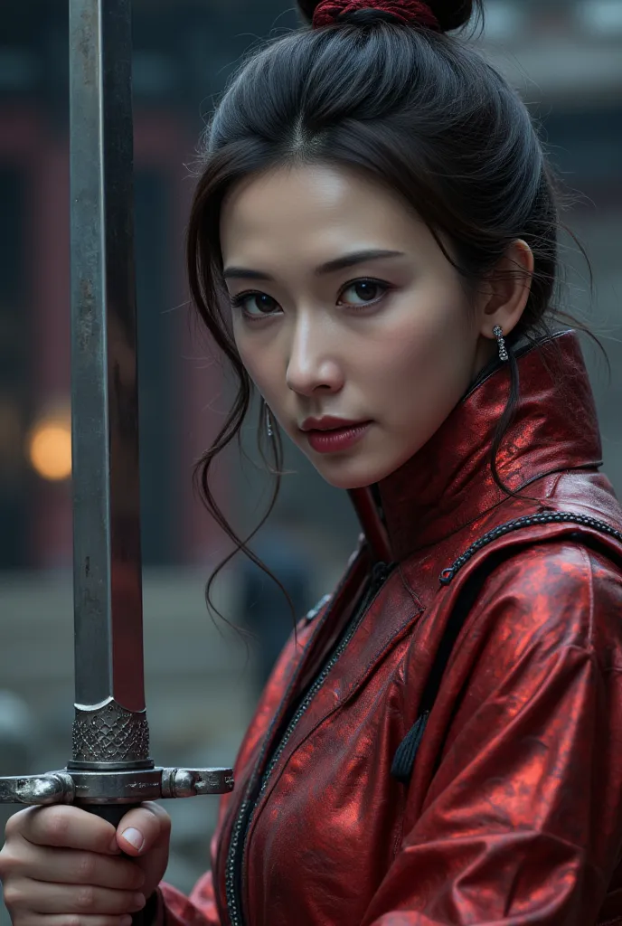 (Close up). A battle scene in which a sexy female ninja lands in metalic red、Place one hand on the floor and hold the wuxia long sword horizontally in front of your face.、Intricate chain mail that fits the body perfectly、sexy， Serious Eyes、Low fighting sta...