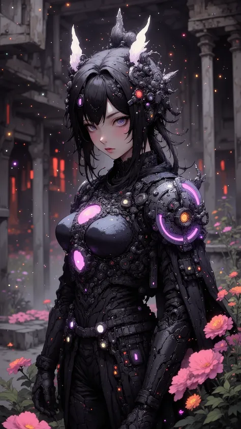 masterpiece、Best Quality、high quality、is very beautiful、absurd、 latest、8k、depth of field、Focus theme、cknc style、Stunning Sci-Fi Robot Female Samurai、Long Bioluminescent Hair、Bangs、Medium Sword Armor、帶有火炎般的火燄徽章的光罩armor、機器人Long Bioluminescent Hair、Bangs、Medi...