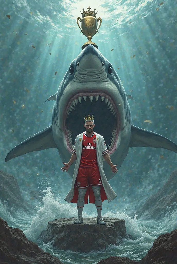 An image where a king wearing the shirt of England's Arsenal football team has to fight a shark in order to reach a final and for a big trophy to appear 