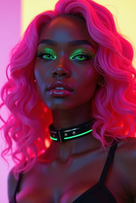 Make me a dark skin girl with hot pink hair and neon green eyes 