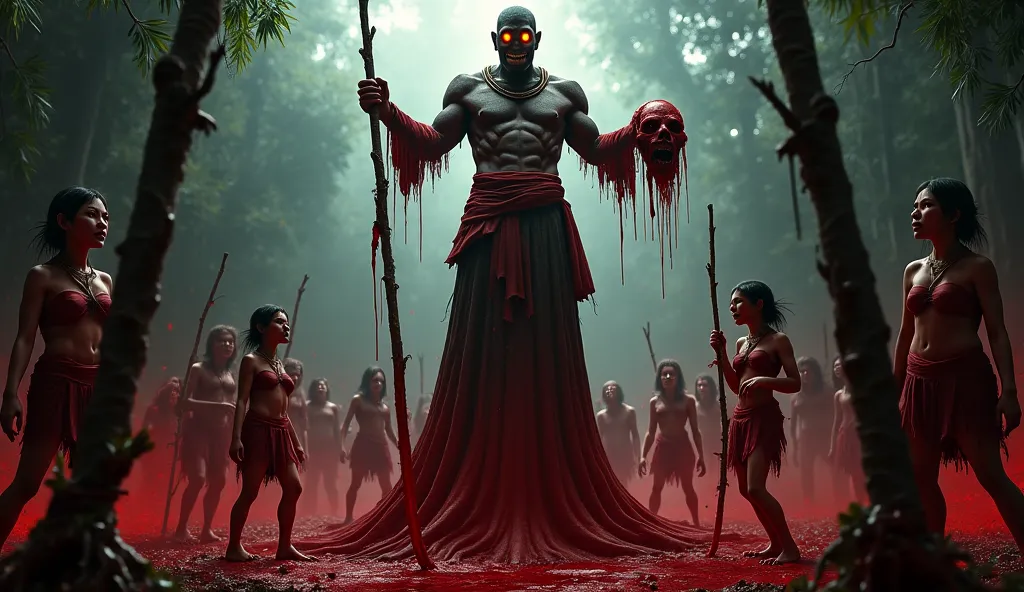 A terrifying Thai horror scene, a tall, menacing figure of Chao Luang Phakham, a cruel warlord in ancient Lanna attire, standing atop a blackened wooden tower drenched in blood, his face twisted with a sadistic grin, eyes glowing red, holding a dripping se...