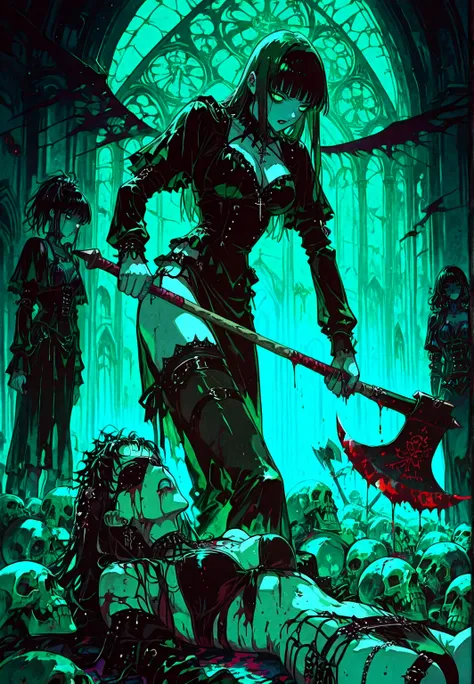 Chica gárgola, goth make-up, piel rocosa verde, bikini,  senos promedio, fighting en la cumbre de iglesia, blood, holding an axe, skulls. Background: CATHEDRAL,  Dark atmosphere, green light, man behind her