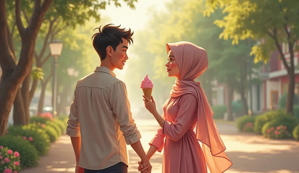 a beautiful Indonesian woman wearing a 21 year old hijab holding hands while walking along with a handsome 24 year old man while holding an escream and happy