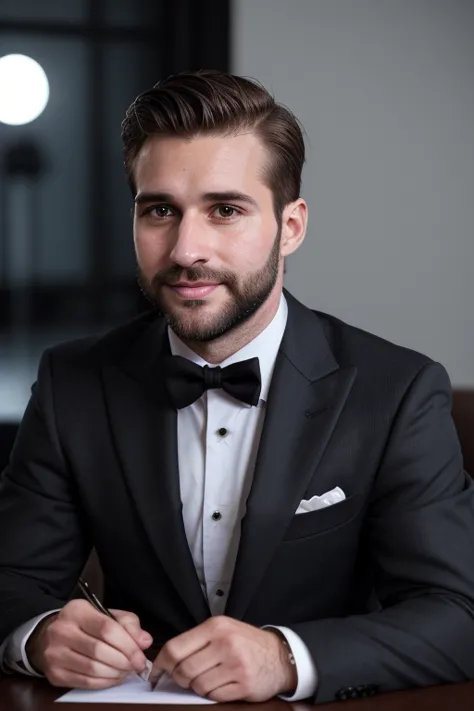 extremely handsome and very sexy 30-year-old hairy man in a very elegant suit at a meeting