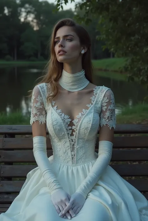 Beautiful woman with an extremely long neck. She wears a wedding dress ,  completely white, with a tight high collar, corrugated , that wraps around and covers her entire long neck. The fabric of the dress is made of delicate lace and satin, with short sle...