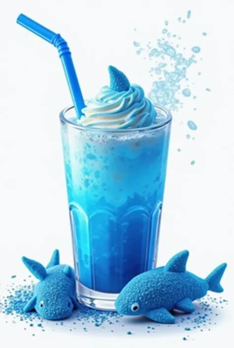 Create a logo with a glass of a blue drink with ice cream with a blue straw and shark gummies with blue chili powder around the glass, eye-catching for the public and that the title says blue 