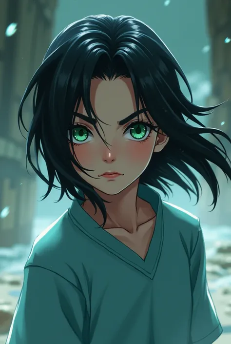 Create a boy with long black hair, green eyes and light blue casual outfit with a serious expression and Naruto style. 