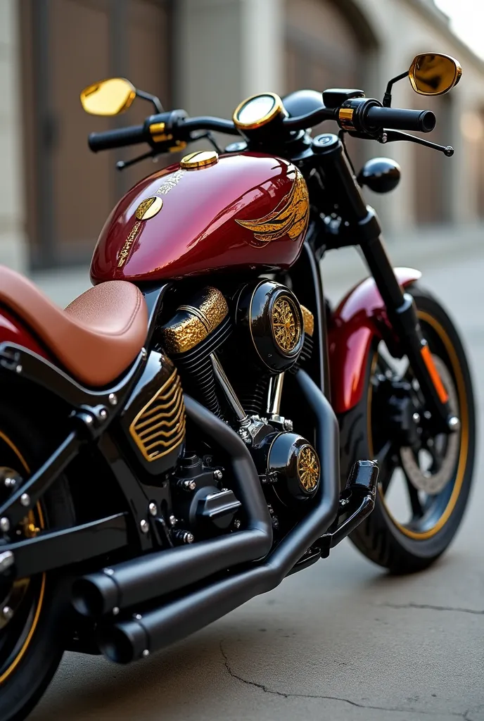 Chopper-type motorcycle with red wine tank with gold details with black engine with gold details and gold wheels