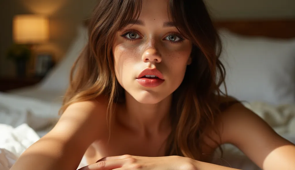 Dynamic lighting, motion lines, life like, unreal detail, hd, ray tracing, detailed skin, background detail, random background items, in her luxurious rich and modern bedroom, morning day, 1girl, Jenna Ortega, freckles, straight brown hair, immenent sex, g...