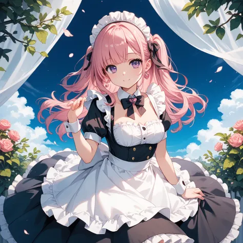 maid clothes姿（cute and slightly sexy）

Beautiful Girl,  pink hair,  purple eyes, maid clothes, cute design with frills and bows, Sexy chest, Fluffy anime style,  cute smiles , soft writing, high quality, no background,  transparent background with transpar...