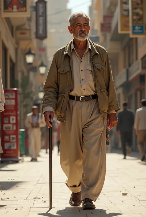 arafed man walking with a cane in front of a building, a picture by Afewerk Tekle, cg society contest winner, hyperrealism, mohamed chahin style, riyahd cassiem, mohamed chahin, atef, young male with walking stick, shot with iphone 1 0, in egypt, in sunny ...