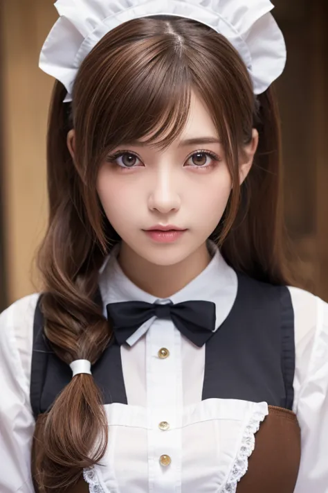 faceup,highest quality, masterpiece, 8k, Ultra-high resolution, (Realistic: 1.4), 1 girl, Beautiful Face, Symmetrical eyes, big, Perfect Body Proportions, ((Long Hair))、((Brown Hair:1.5)), Maid、((ゴスロリ風Maid服:1.4)), Viewer&#39;sight, ((Coffee shop、Blurred Ba...