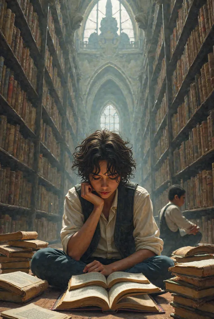 A stack of open books and.  a person studying in a library with other people in the library and a large library symbolize knowledge, since it comes from learning