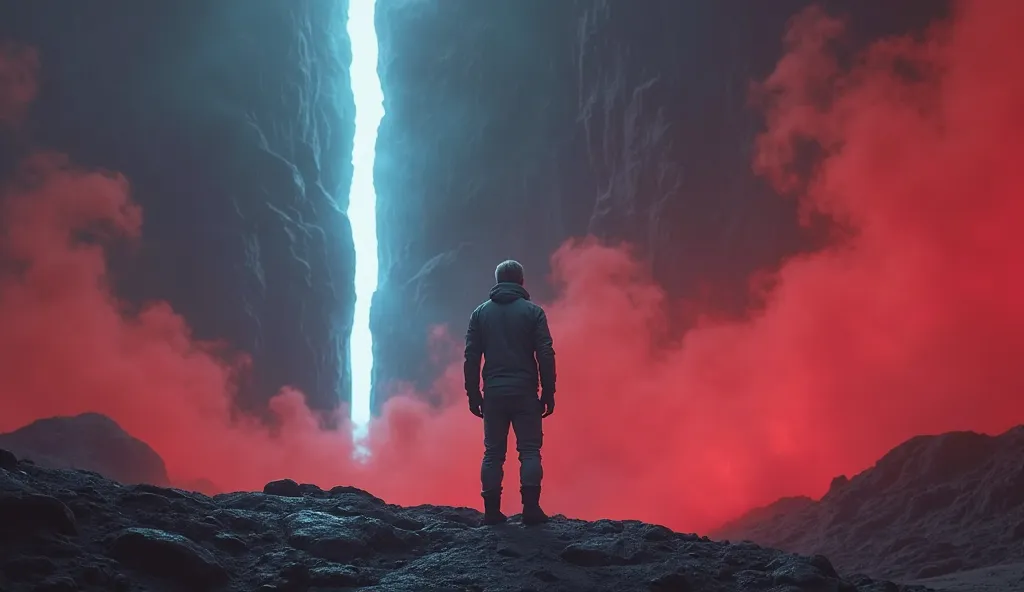 A calm man (6'1", short silver hair, deep-set eyes, gray astronauts suit) stands on black stone, looking at a tall rock pillar (50 ft high) glowing blue. Red mist swirls around, creating a tense mood. Simple, sharp details, high quality