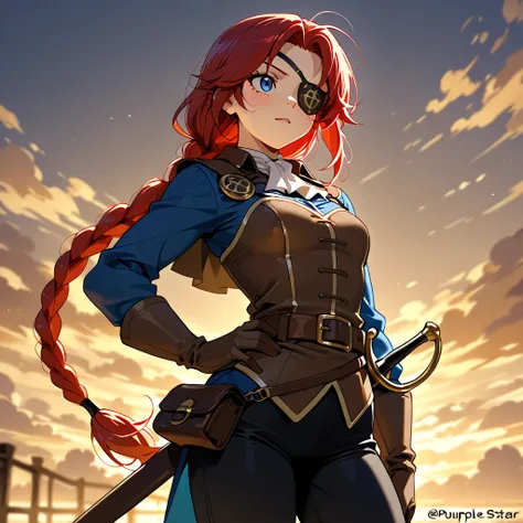 (masterpiece), best quality, newest, absurdres, highres, perfect anatomy, 1girl, artist: (PurpleStar108), {{{solo}}}, epic theme, Red hair, long hair tied in a long braid, eye patches, blue eyes, relaxed expression, apprentice gentleman's clothing, sword i...