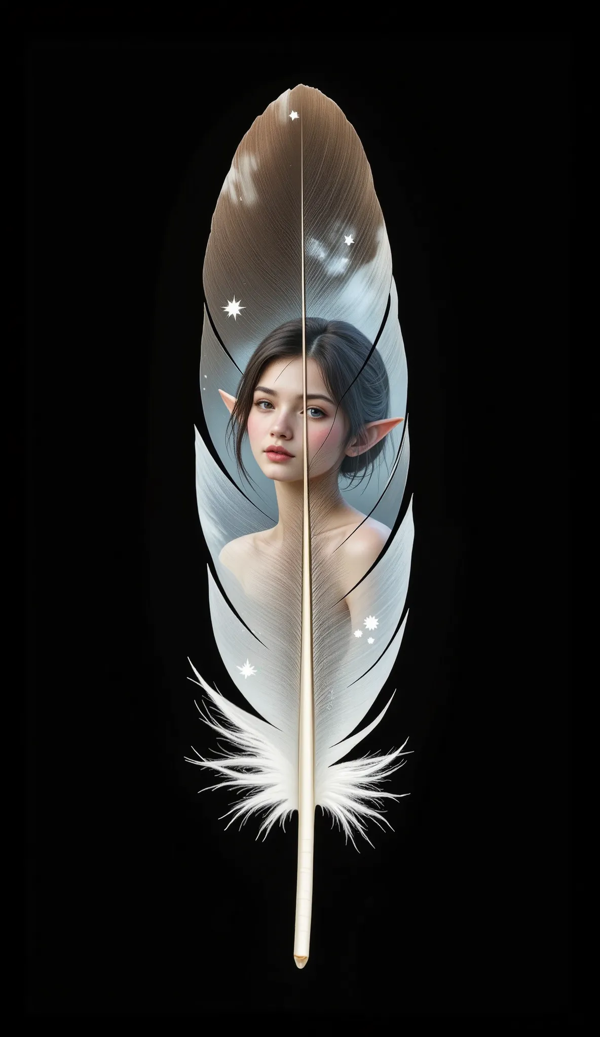 (A Floating Feather, single cutout, black background), On the surface of one feather、The figure of a beautiful female elf is projected, \On the surface of one feather、The people you want to meet will emerge...\, Seamless Integration,