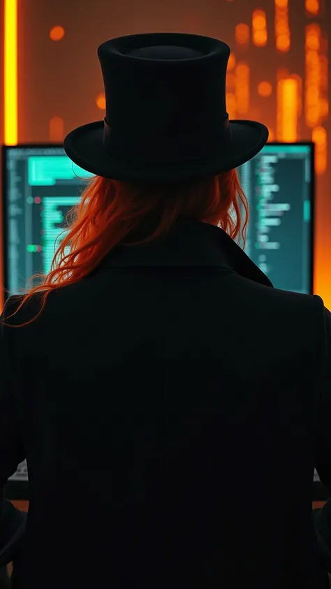 
"A young and handsome hacker, enigmatic, in cyberpunk style from the years 2025, inspired by the character Neo from Matrix. He's wearing a long elegant black overcoat and a top hat, with hair falling down to the shoulders ORANGE neon. HE IS IN FRONT LOOKI...