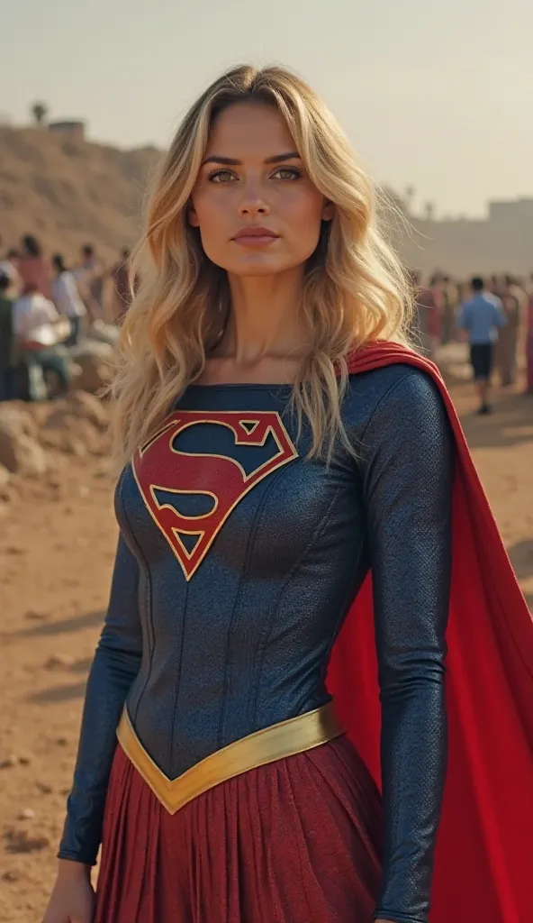 "Supergirl, apne iconic blue aur red suit mein, tez dhoop mein ek purane patthar ke kuwa ke paas aati hai. Uska chehra thakan aur pyaas se bhara hai. Wo apne haath se paseena ponchti hai aur kuwa ke andar jhankti hai. Kudrat ka nazara khoobsurat hai—aasman...