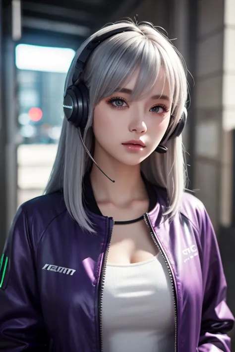  One Girl , Gray Hair,  long hair,  Tech Wear Masterpiece,  best quality,  realistic,  realism, dark purple jacket,  Portrait,   detailed eyes ,  wearing a headset , Platinum Hair,  21 year old girl ,  fashion pose, half body,  Wide Shot,  from ,  cyberpun...