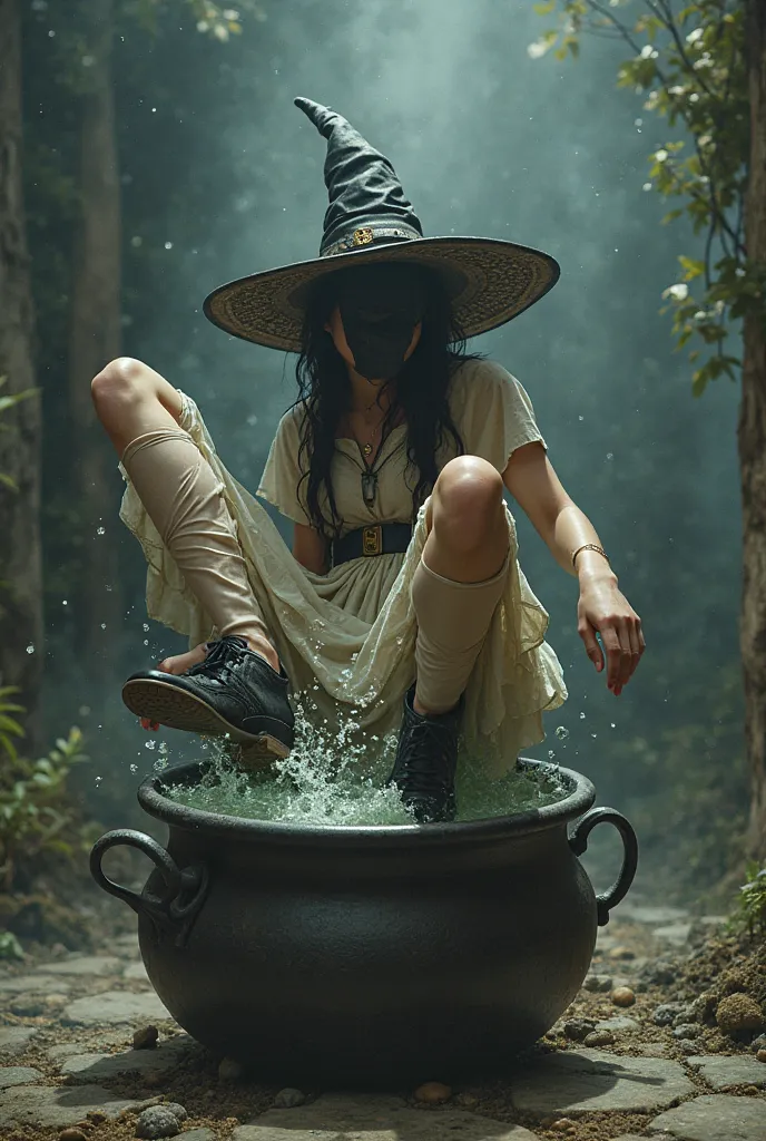 Beautiful witch is stuck with her head inside a cauldron. His head is not visible because it is inside the cauldron and only his legs are visible, very far apart to the sides, kicking.. She is wearing oxford shoes and a skirt.no parson