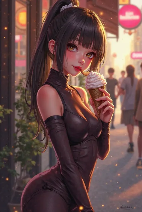 Make a girl licking ice cream at  dressed in tights and bodysuits