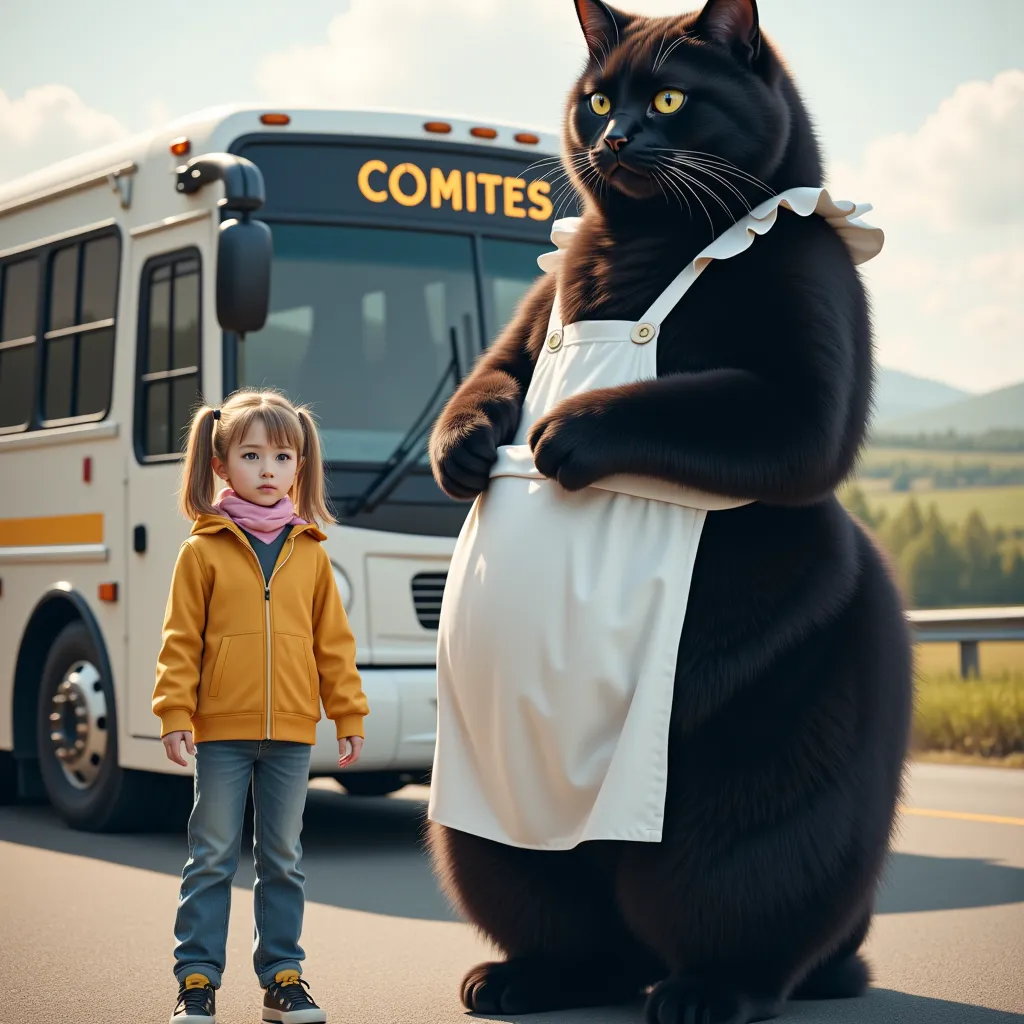 score_9,score_8_up,score_7_up,score_6_up,score_5_up,score_4_up,source_real photo,Ultra-realistic,Photorealistic,Ultra-realistic,Photorealistic,Dramatic scene,Global illumination, A huge black cat and a girl about  are standing with their backs to a bus at ...