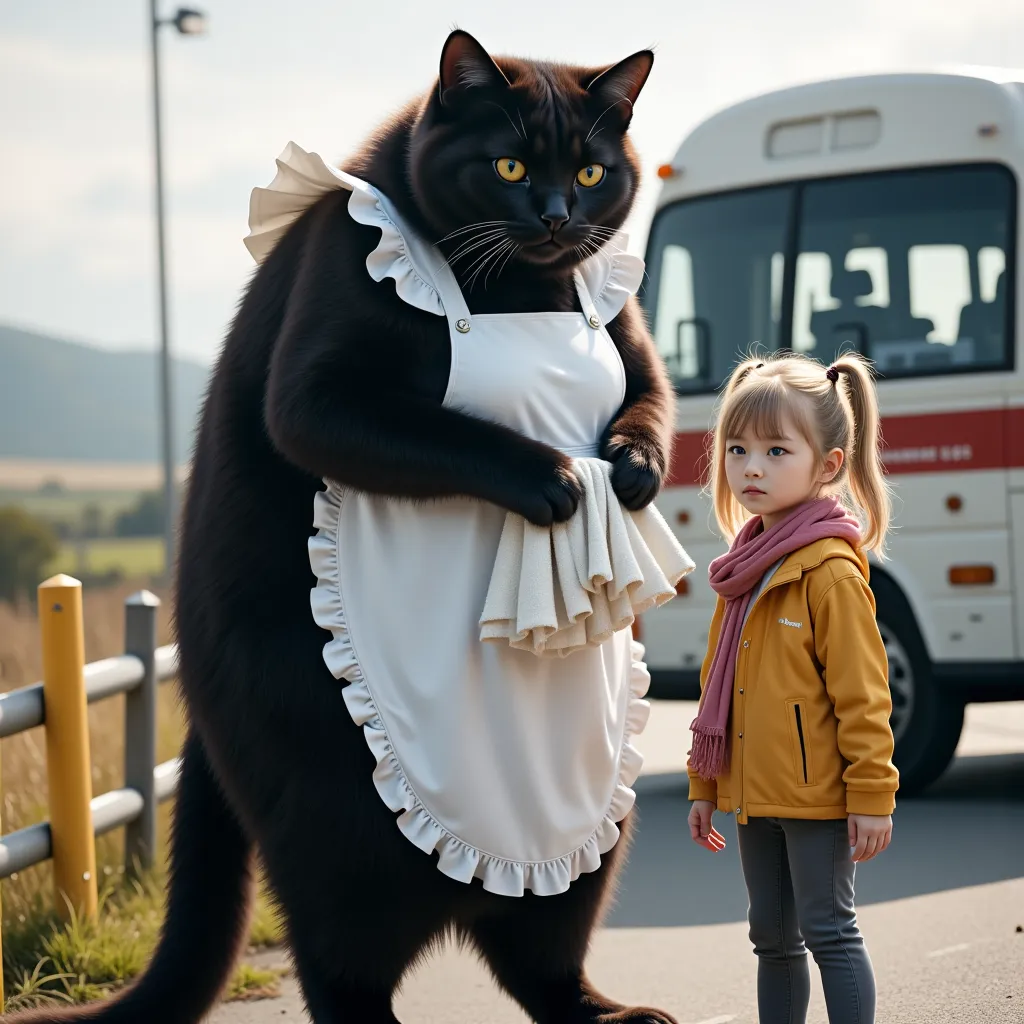 score_9,score_8_up,score_7_up,score_6_up,score_5_up,score_4_up,source_real photo,Ultra-realistic,Photorealistic,Ultra-realistic,Photorealistic,Dramatic scene,Global illumination, A huge black cat and a girl about  are standing with their backs to a bus at ...