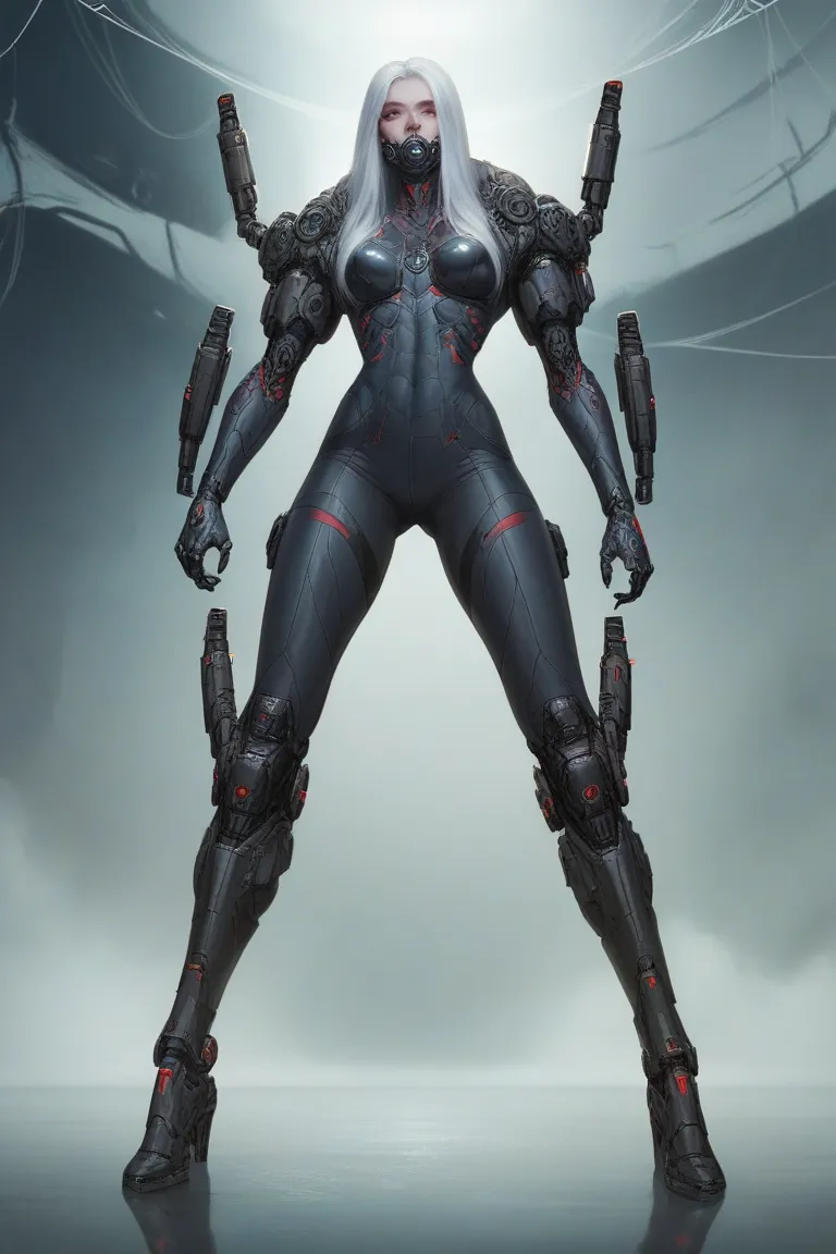 Creature, spider helmet, long silver hair, human body, spider legs, black armor