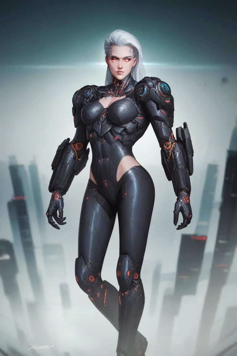 Creature, spider helmet, long silver hair, human body, spider legs, black armor