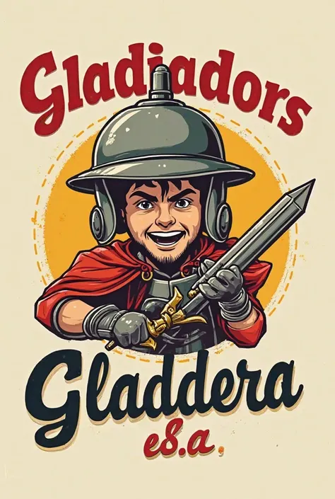 Crea un logo de empreSa  que Se dedica a vender papelería y útileS eScolareS que tenga el nombre gladiadoreS, S.a. que Sea tipo ochentero que tenga coloreS vintage y que tenga un mini Gladiador Pero que Sea en forma de caricatura de loS ochentaS