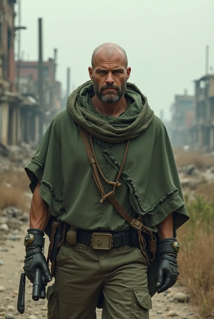 A bald man with a small beard in the apocalypse and he’s young and also it he has a poncho on also he has som military gear on like a helmet the poncho has to be green and a shooting glasses 