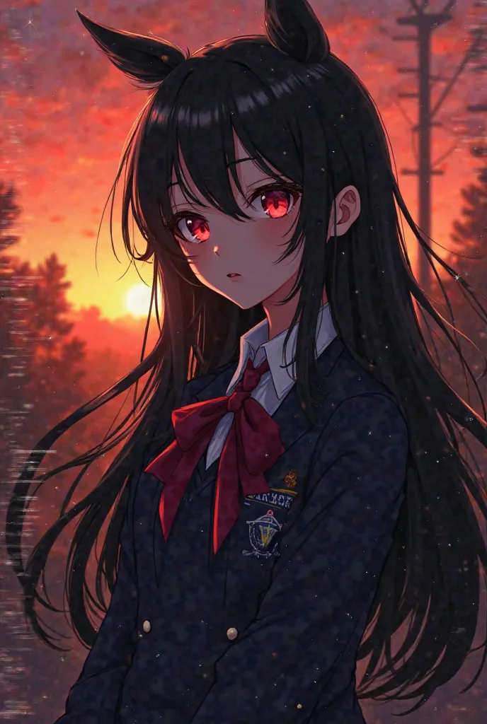  Image of a girl with long black hair , lentes, red eyes, Discord chats and student uniform with the name Darkar5296 distorted and with the background of a sunset in the fall and with parts of static distortion 