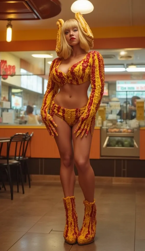 A hotdog monster with a sexy female figure is looking at the camera. She's standing in a fast food restaurant. She has a monster hotdog head. Her arms have been replaced with hotdogs. Ketchup and mustard are all over her. Framed from the feet up. 