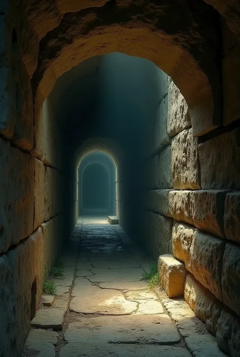 2. Secret Underground Passages: A hidden stone passage beneath the temple, leading into a dimly lit underground tunnel, with ancient carvings on the walls and a mysterious aura, hinting at the temple’s secretive past.