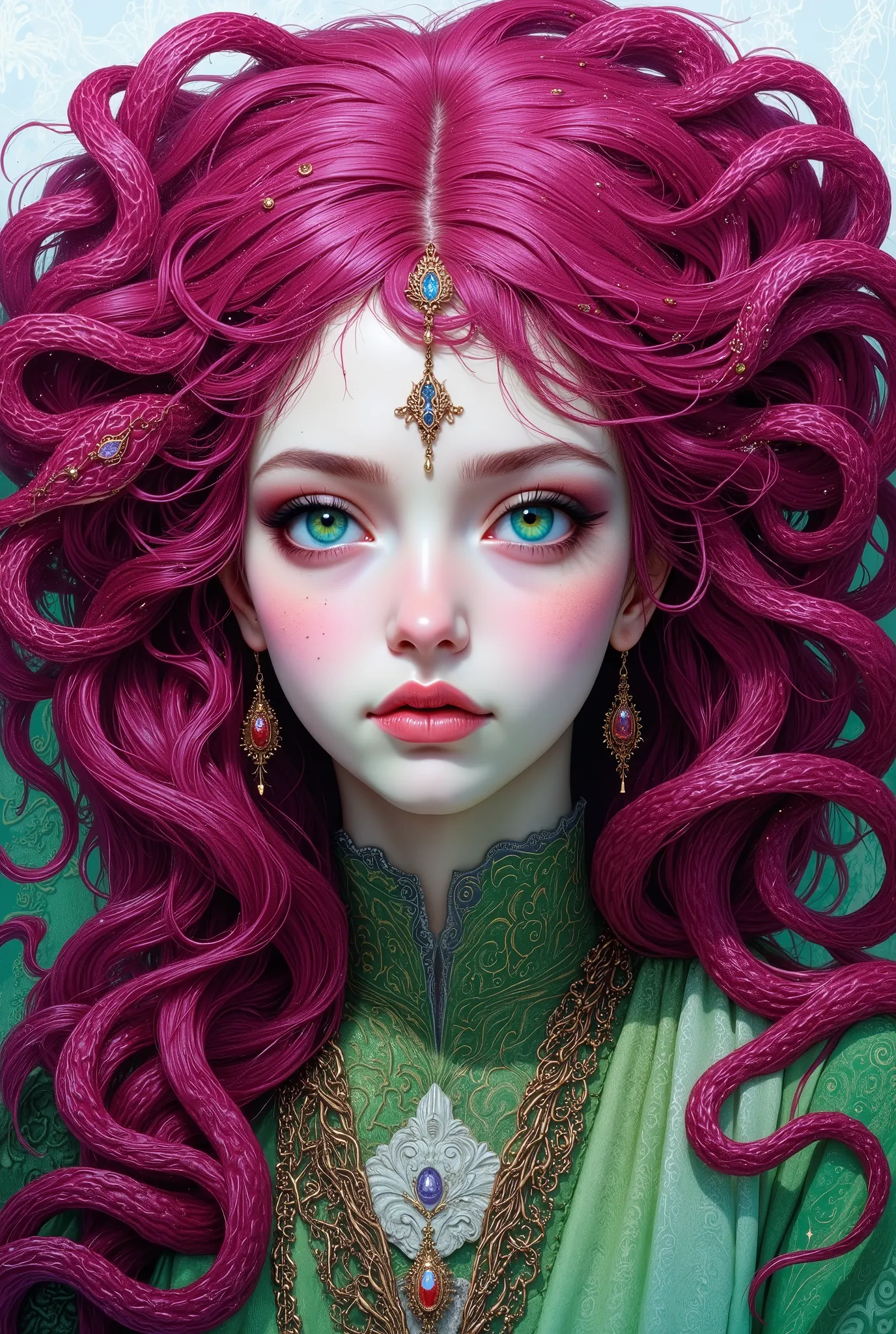 enchanting super beutiful medusa, with hairs from snakes, colour deep pinks snakes. soft naive eyes and face. middle closes photo. 8k quality pictures. wear green greeen gaun