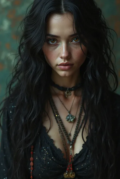 A black-haired and brown-eyed gypsy woman is white and dramatic