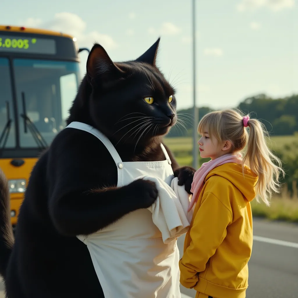 score_9,score_8_up,score_7_up,score_6_up,score_5_up,score_4_up,source_real photo,Ultra-realistic,Photorealistic,Ultra-realistic,Photorealistic,Dramatic scene,Global illumination, A huge black cat and a girl about  are standing with their backs to a bus at ...