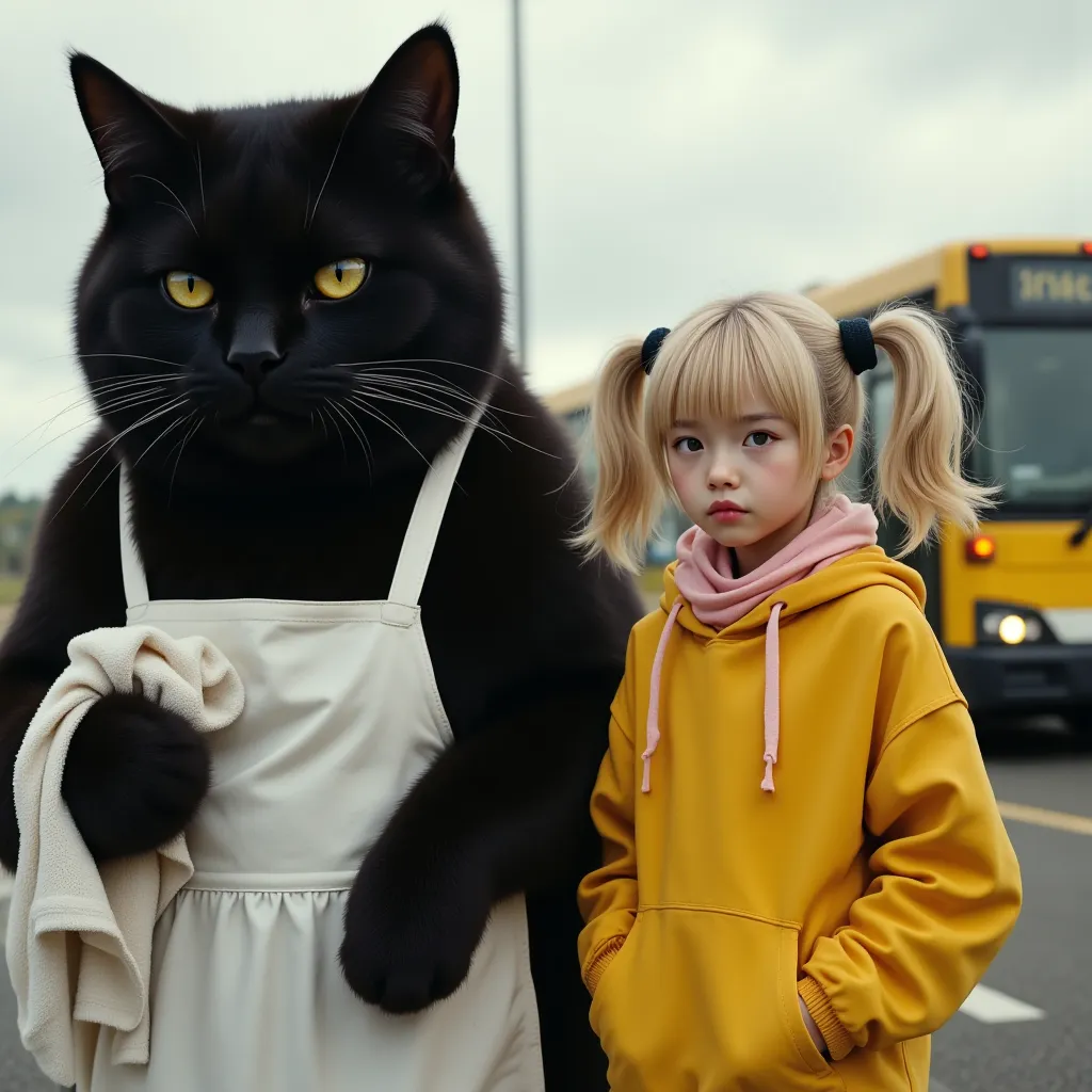 score_9,score_8_up,score_7_up,score_6_up,score_5_up,score_4_up,source_real photo,Ultra-realistic,Photorealistic,Ultra-realistic,Photorealistic,Dramatic scene,Global illumination, A huge black cat and a girl about  are standing with their backs to a bus at ...