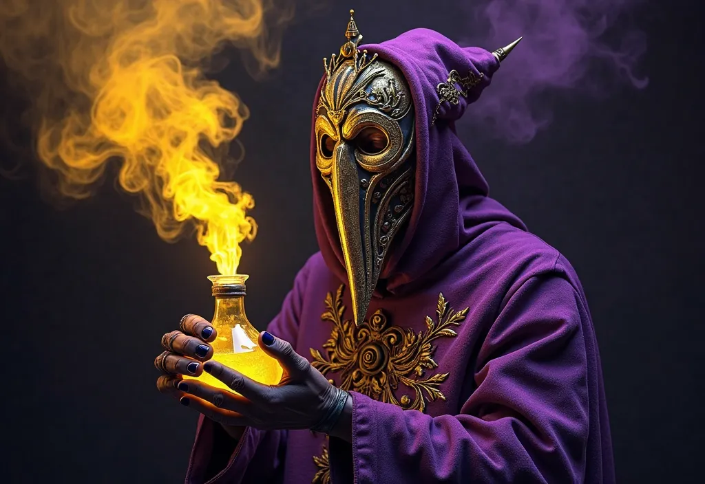 Create a 2d digital arts-style illustration of a plague doctor in an impressive head-on pose, portrayed from the waist up against a deep black background. The doctor must wear an ornate plague mask, with intricate details mainly in gold, but also with purp...