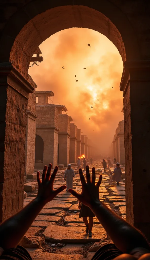 Ultra-realistic first-person view in 8K, sheltered under a stone arch, hands protecting yourself from falling fiery debris, burning rooftops, thick smoke filling the streets, immersive apocalyptic atmosphere, people wearing Pompeii costumes from 79 AD.