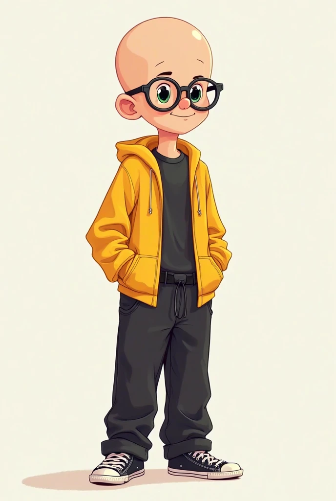 My head was bald when I was younger.,  glasses-wearing , with a yellow pull on underneath and a black t-shirt inside the puller, Wearing loose black pants, Would you draw a cartoon character with convers on his foot?
