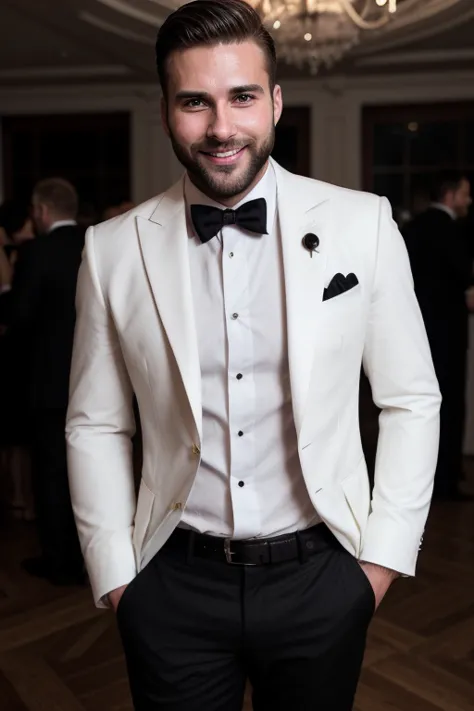 extremely handsome and very sexy 30-year-old hairy man in a very elegant white suit at a party