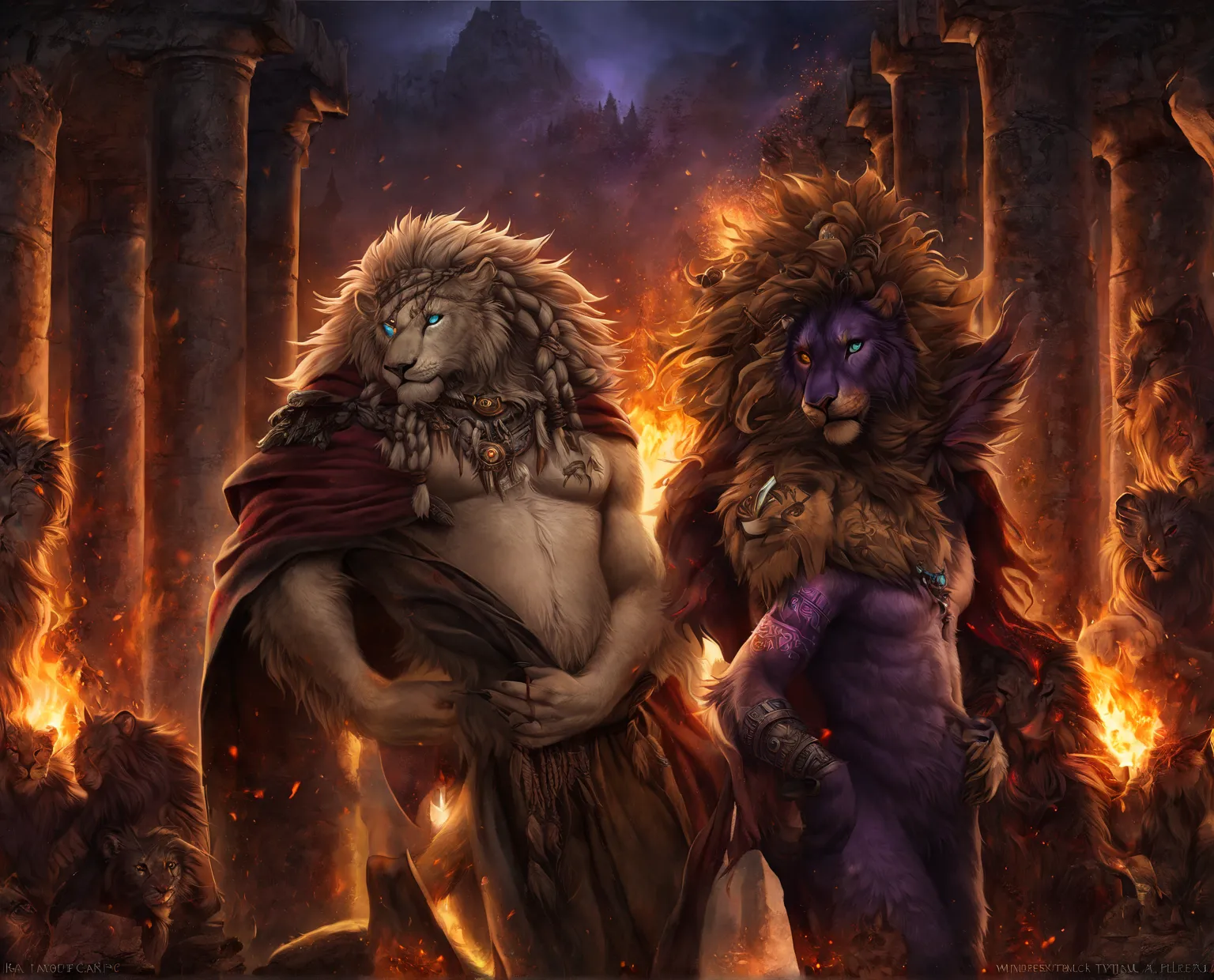  masterpiece,is of the best quality,studio lighting,Confident Gesture,sparkling eyes,Perfect Face,perfect hands, DETAILED NOSE , Detailed Eyes,True colors,Rengar, male, cats ,wilderness, Hihelzflux，lion，A lush mane，Topless，dark blond hair，slightly round be...