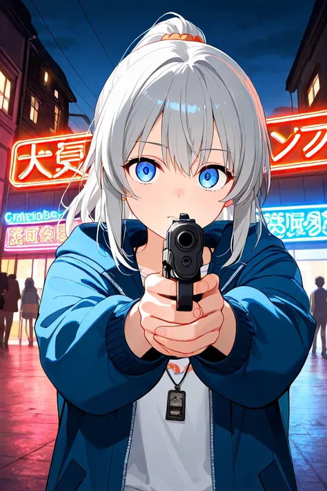 A blue-eyed, gray-haired high school girl with a ponytail wearing a blue windbreaker、Shooting a gun。